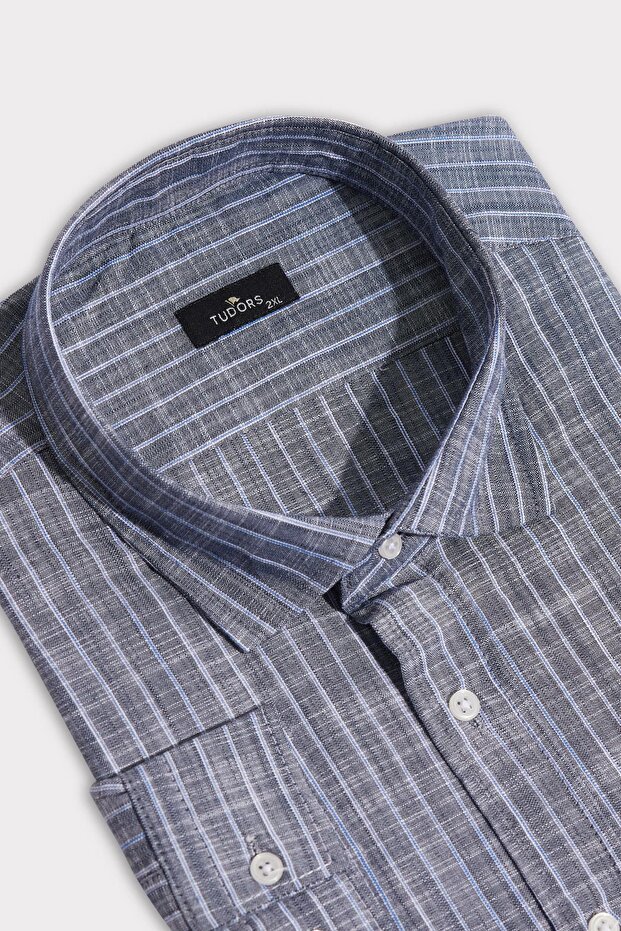 Men's Oversized Large Size Long Sleeve Striped Linen Effect Sports Collar Smoked Shirt