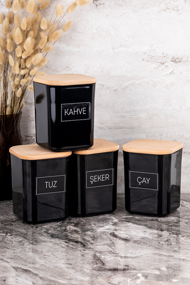 4Pcs 900ml Black Acrylic Tea Sugar Coffee Salt Storage Container with Label Storage Box with Wooden Vacuum Lid