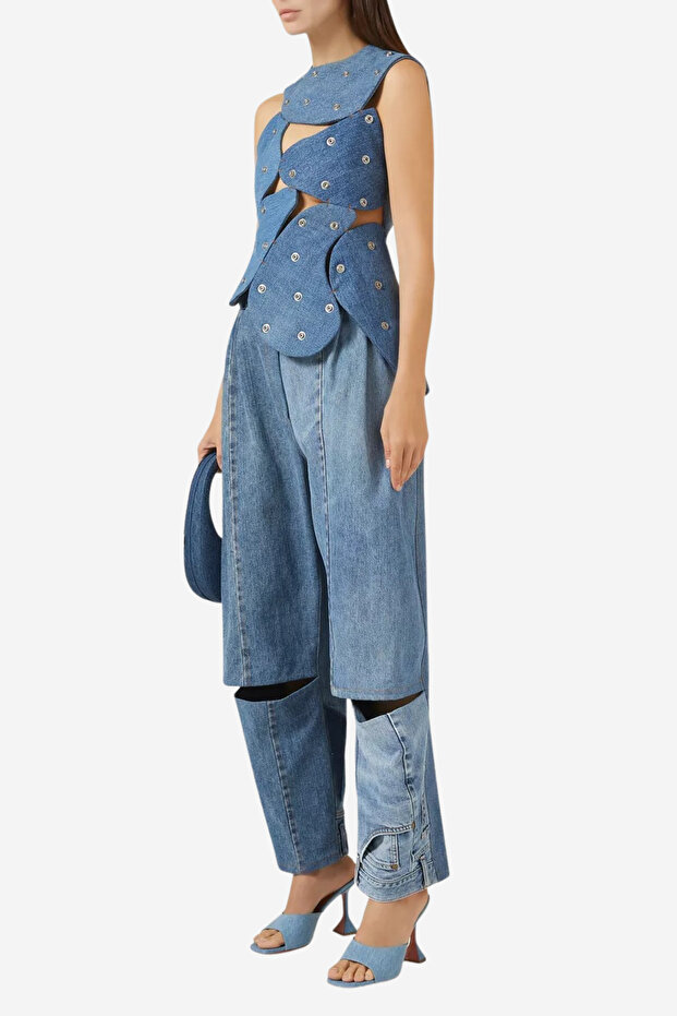 Upcycled Denim Stud-Embellished Island Top, Mavi - 2