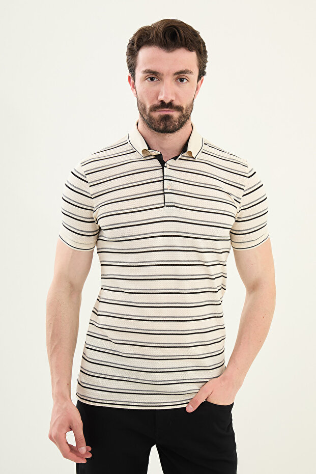 Striped Slim Fit Polo Neck Men's T-Shirt Ecru-Grey - 36852.25Y