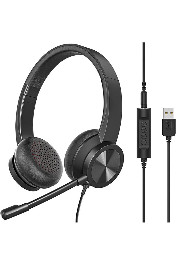 سماعة رأس USB مع ميكروفون، سماعة رأس سلكية فوق الأذن مع خاصية إلغاء الضوضاء النشطة ولوحة مفاتيح دوارة 330 درجة - 1