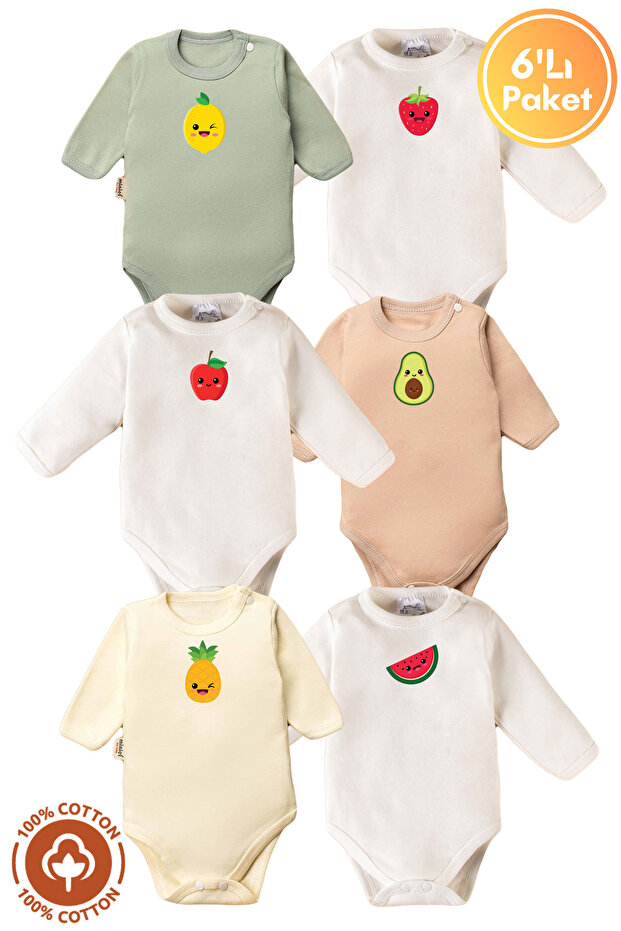 Unisex 100% Organic Cotton Fruit Printed 0-12 Months 6-Piece Long Sleeve Baby Bodysuit