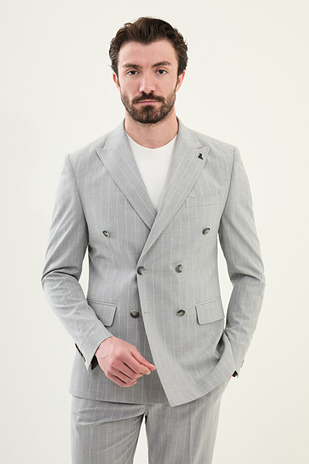 Striped Slim Fit Wide Collar Double Breasted Men's Suit Gray - 45403.25Y