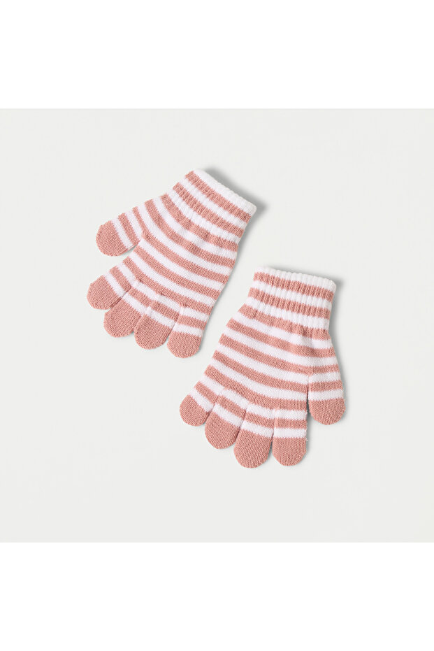 طقم قبعة بيني سادة وقفازات مخططة - 3