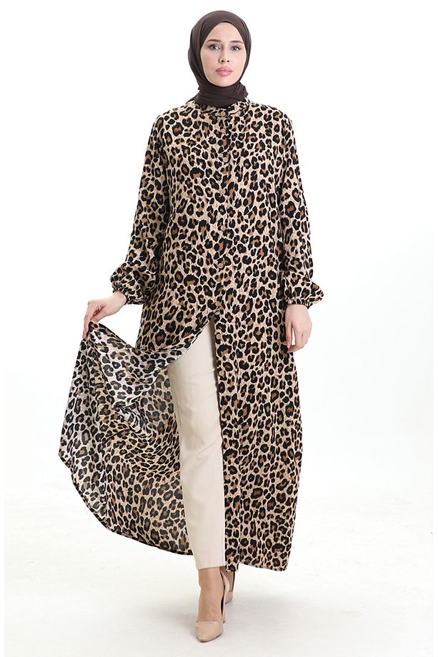 Leopar Desenli Düğmeli Elbise 0122-01 Siyah Bej - 2