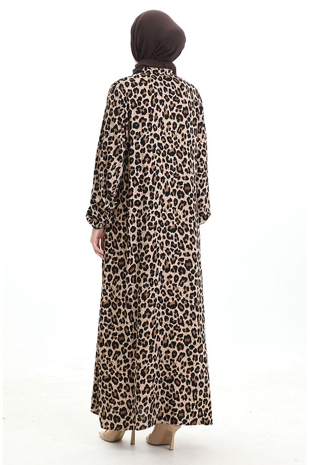 Leopar Desenli Düğmeli Elbise 0122-01 Siyah Bej - 6