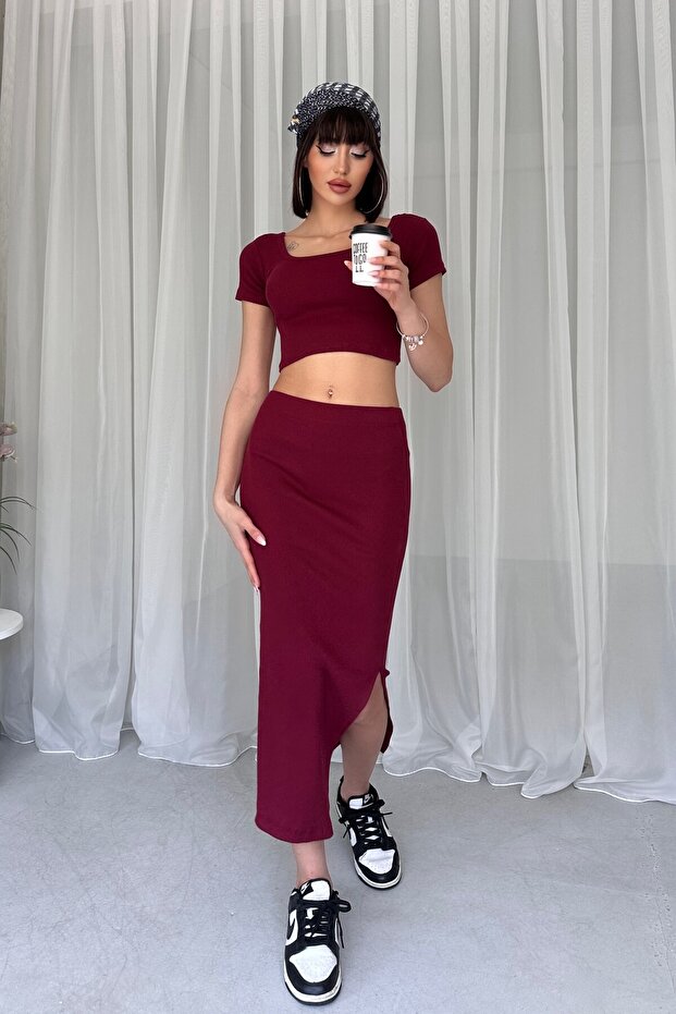 Square Necklace Crop Slit Skirt Suit