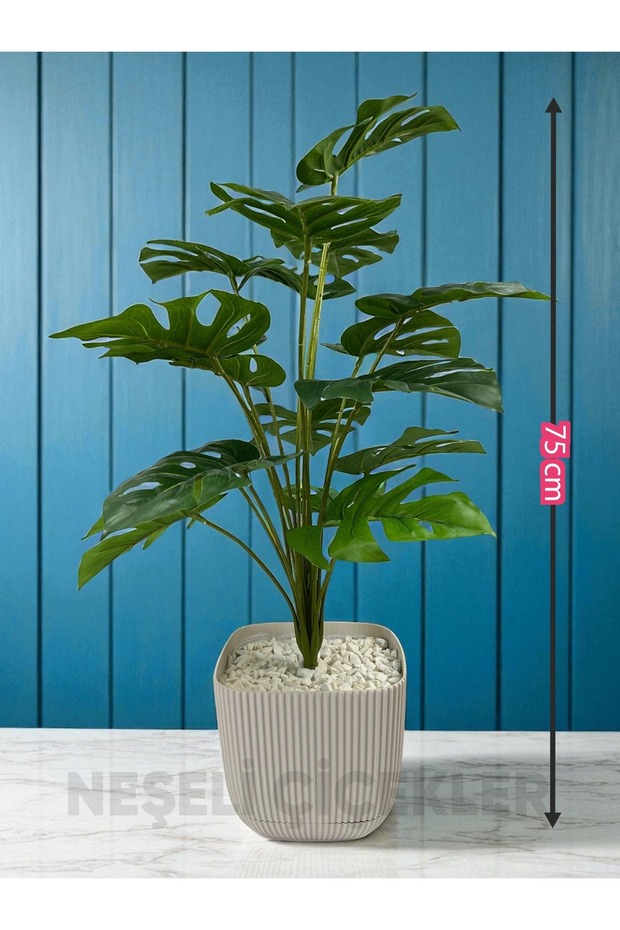 Yapay Ağaç Monstera Deve Tabanı Bitkisi 18 Yaprak 75cm Plastik Saksıda Yapay Salon Çiçeği Hediyelik - 5