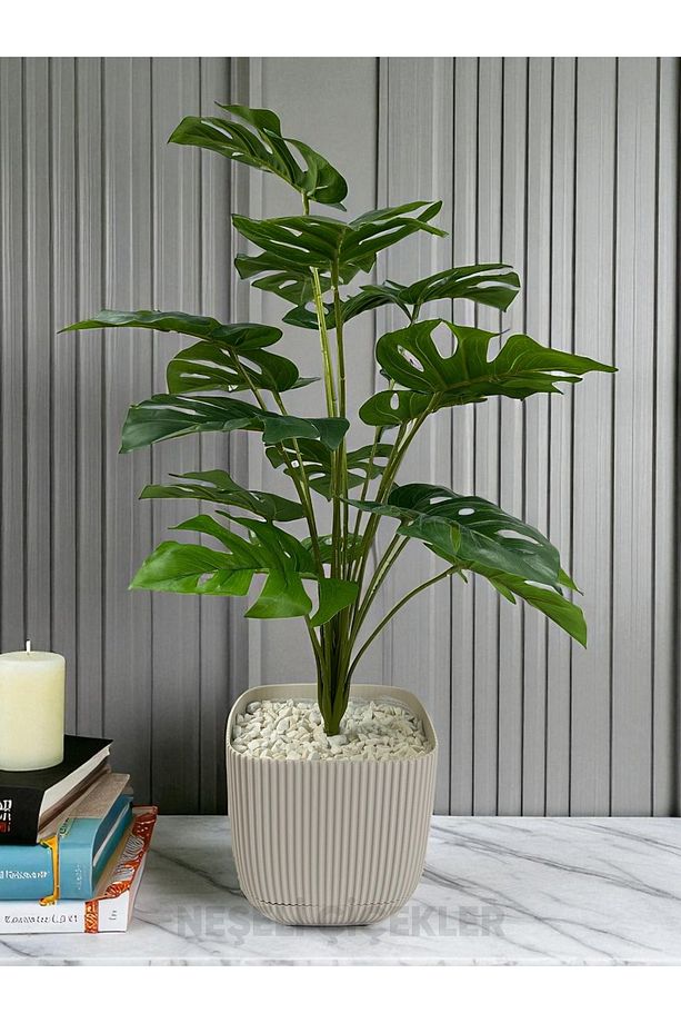 Yapay Ağaç Monstera Deve Tabanı Bitkisi 18 Yaprak 75cm Plastik Saksıda Yapay Salon Çiçeği Hediyelik - 1