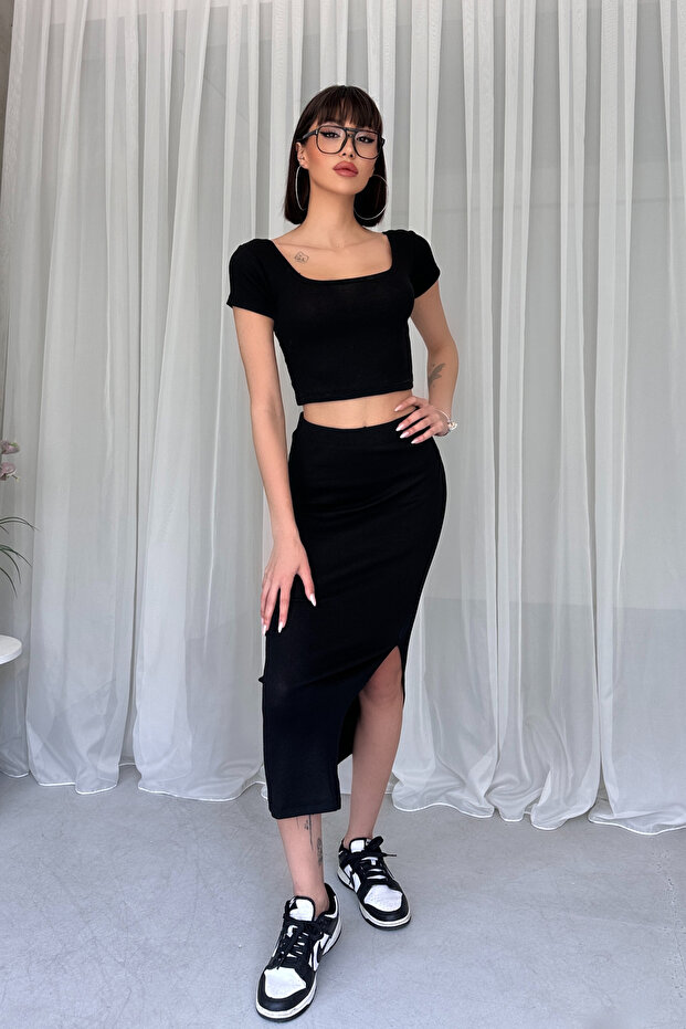 Square Necklace Crop Slit Skirt Suit