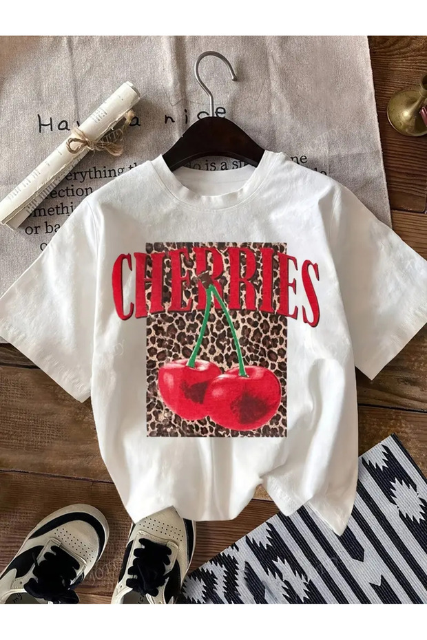 Unisex Cherries Printed Oversize Crew Neck T-Shirt