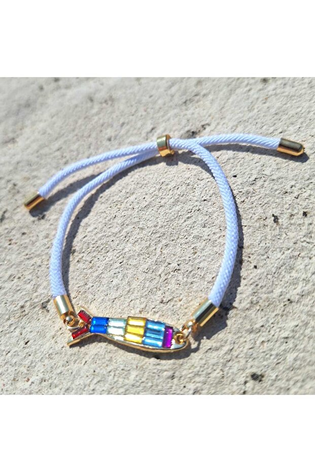 White Drawstring Mosaic Fish Bracelet - 1