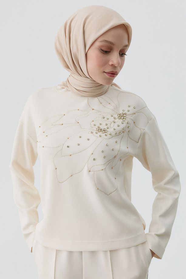 Nakışlı Taşlı Örme Sweat - Ekru - 4