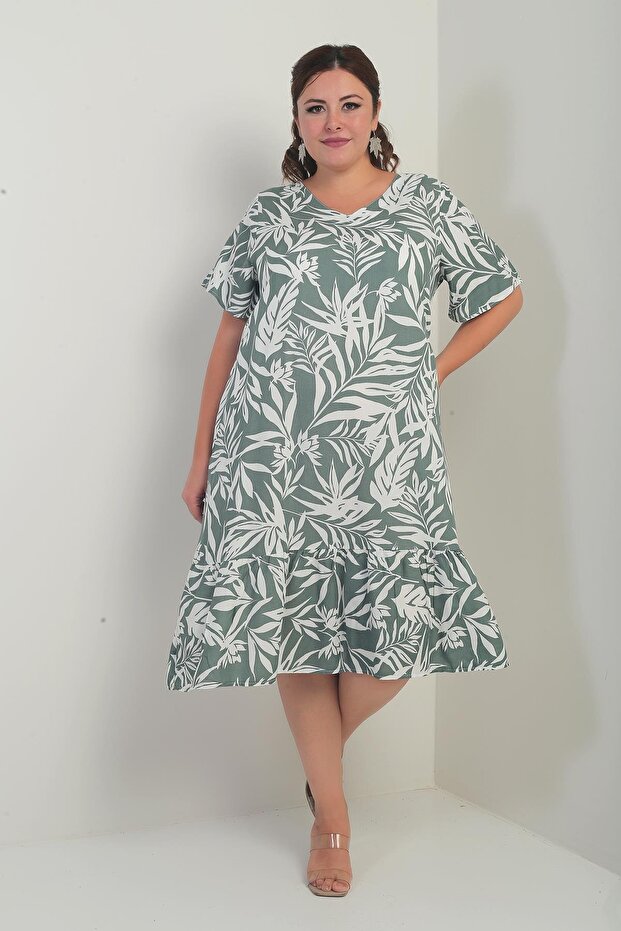 Women's V-Neck Mixed Leaf Pattern Pocket Skirt Ruffle Plus Size Dress