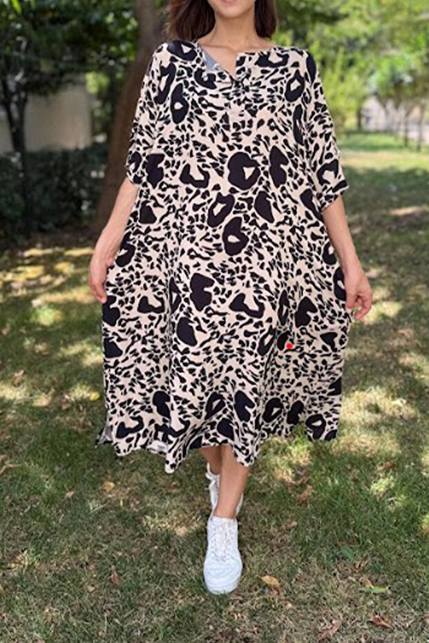 Women's Beige Buttoned Round Neck Pocket Shawl Patterned Short Sleeve Dress