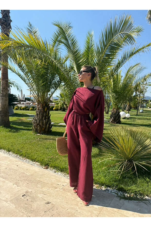 Gloria Burgundy Muslin Fabric Blouse Trousers Set