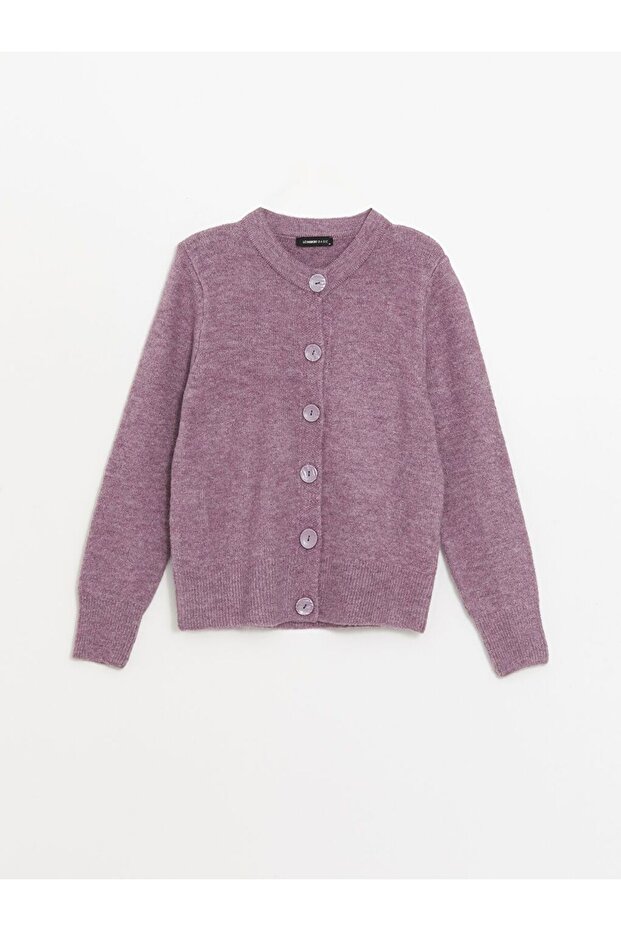 Lila Bisiklet Yaka Düz Uzun Kollu Kadın Triko Hırka - 6