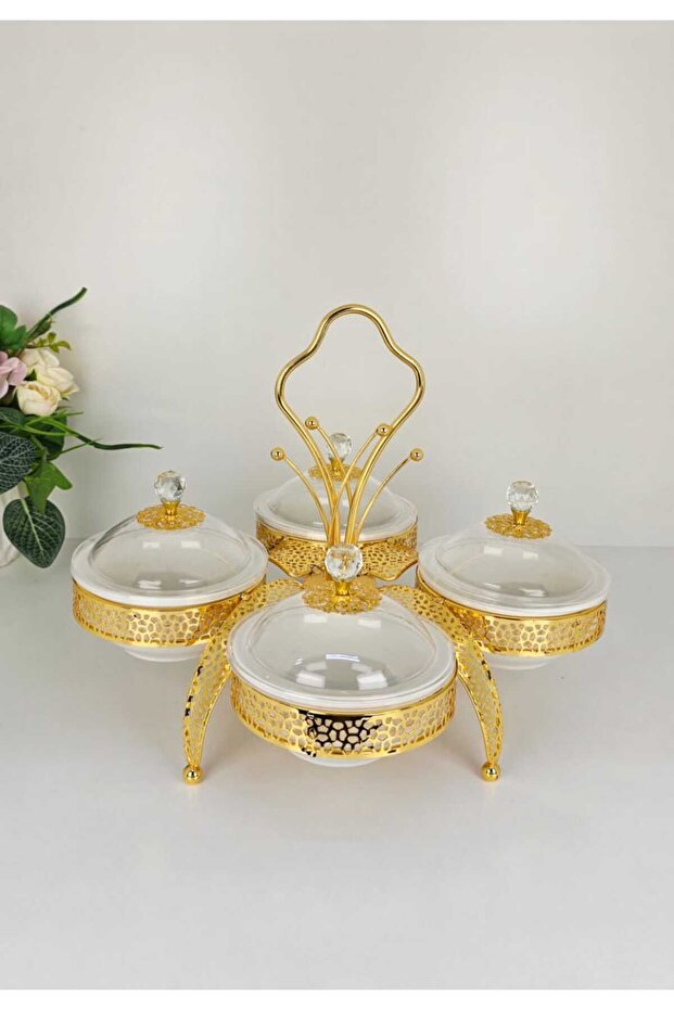 Candy and Dates Serving Bowl Set with Metal Rack 4 Bowls Lid Handle Ideal for Desserts Snacks Nuts