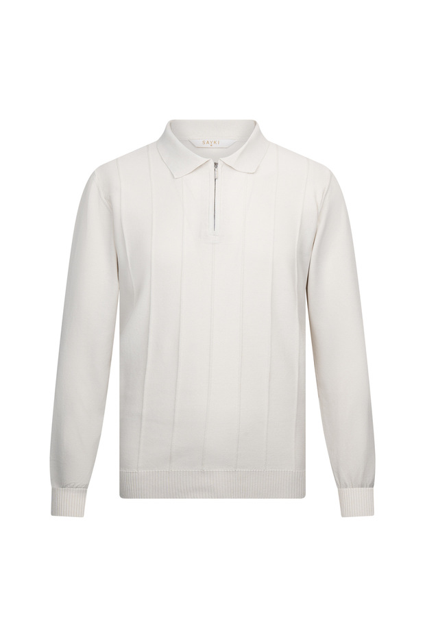 Beige Regular Fit Zippered Polo Neck Rayon Knitwear Sweater