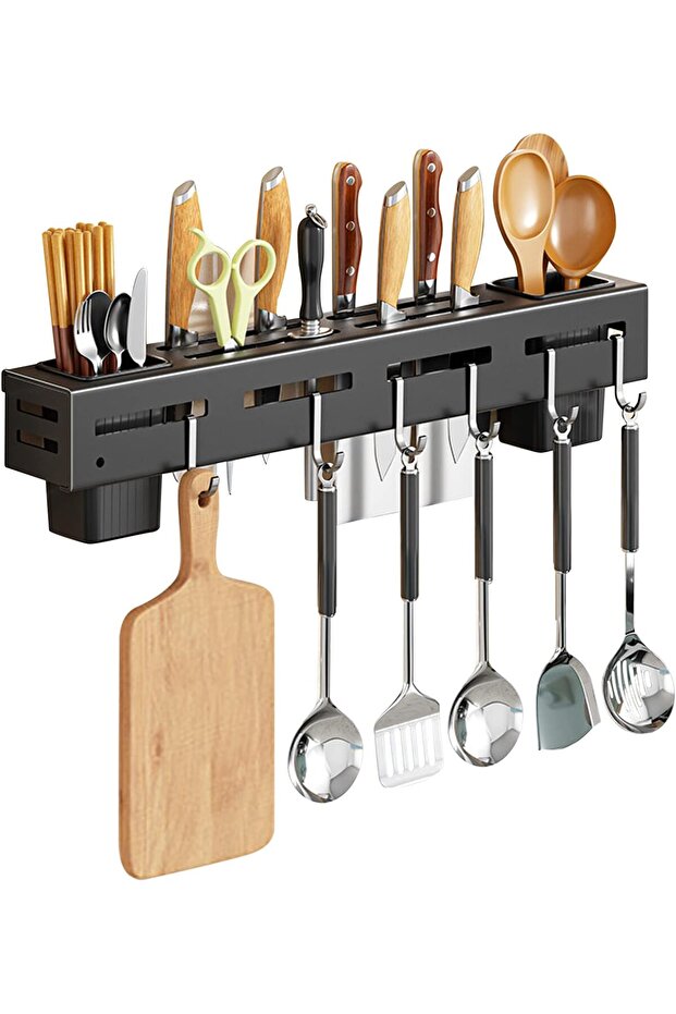 Kitchen Utensil Holder with 6 Removable Hooks, Wall Mounted Kitchen Utensil Bar, Hanging Utensil Hol