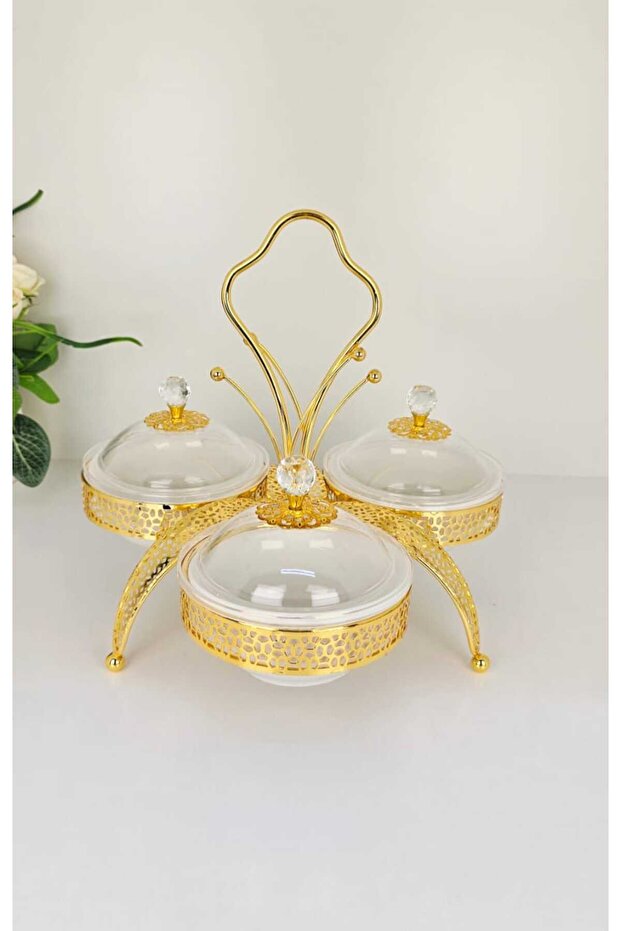 Candy Dates Serving Bowl Set Metal Rack 3 Bowls Lid and Handle Ideal for Fruits Desserts Snacks Nuts
