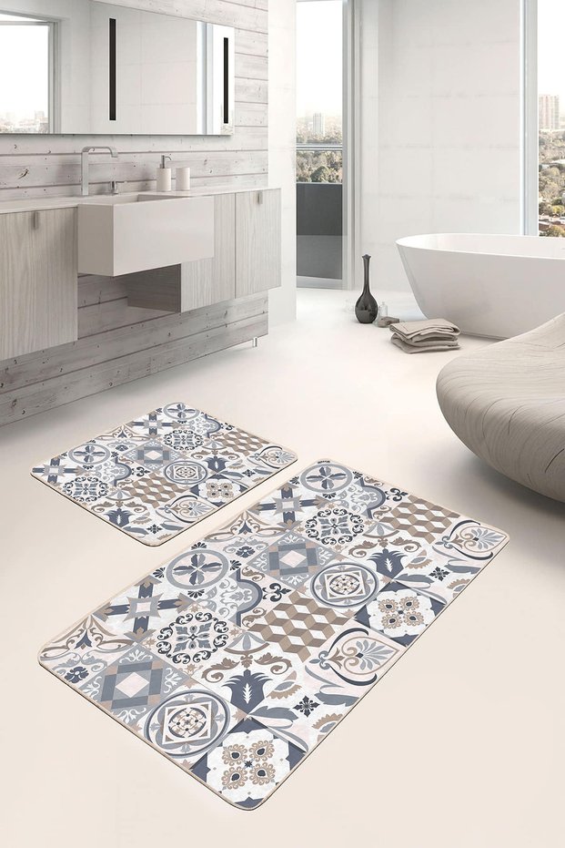Beige-Blue Patchwork Patterned Vintage 2-Piece Non-Slip Base Washable Bath Mat Set
