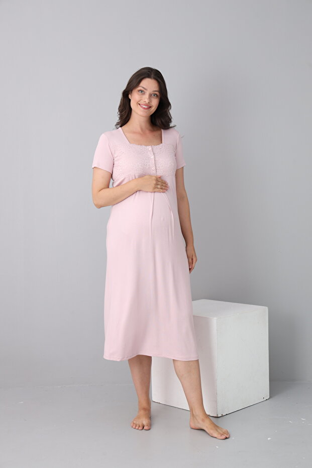 Short Sleeve Maternity Nightgown with Lace Detail Suitable for Breastfeeding