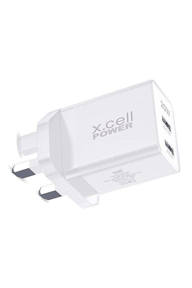 Xcell 20W Dual Port Fast Charger | USB-A QC 3.0 + PD | Heat Safe | Compact Travel Adapter – White
