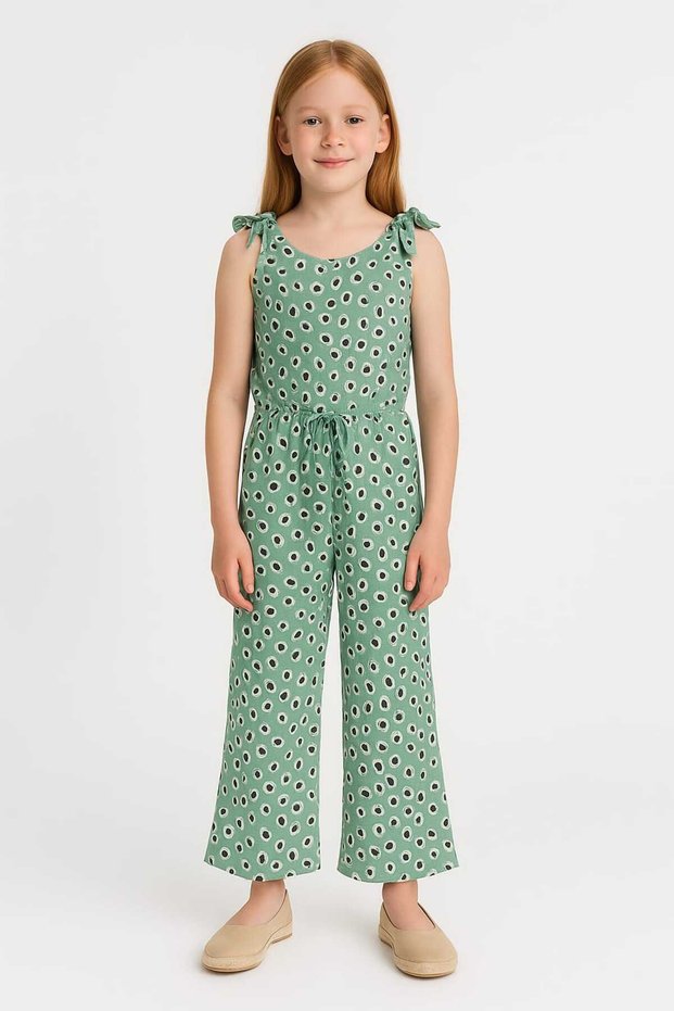 Girls' Lace-Up Matched Strap Lace-Up Waist Zipper Closure Slit Wide Leg Woven Long Jumpsuit