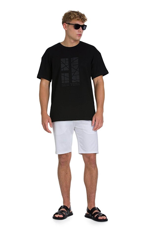 Siyah Regular Fit Bisiklet Yaka Oversize Tişört - 2