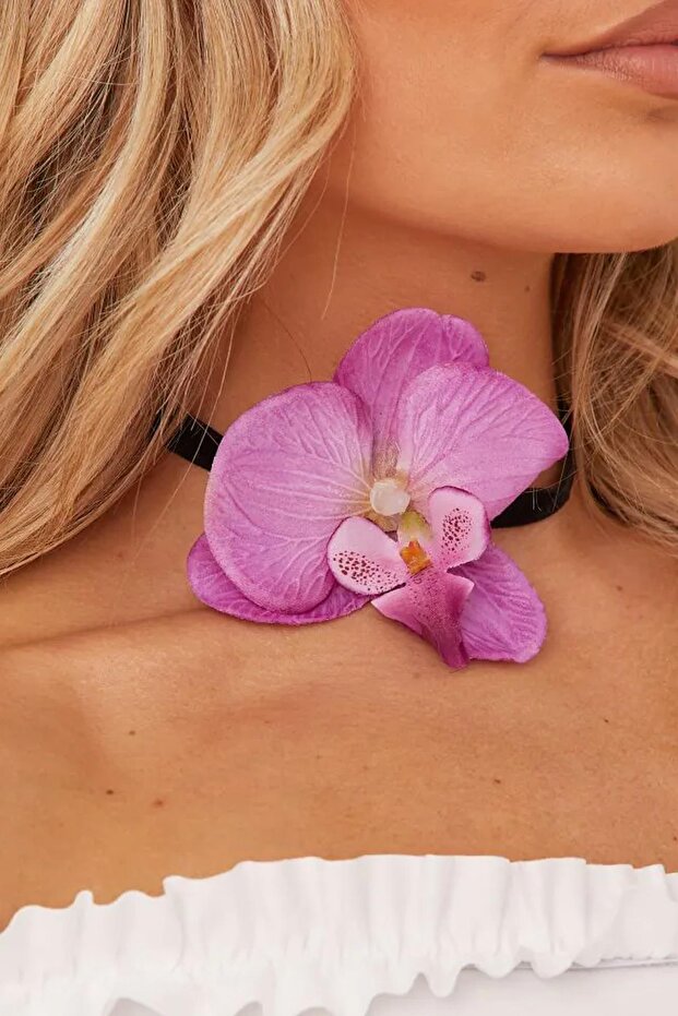 Aloha Orchid Flower Detailed Choker Collar Necklace