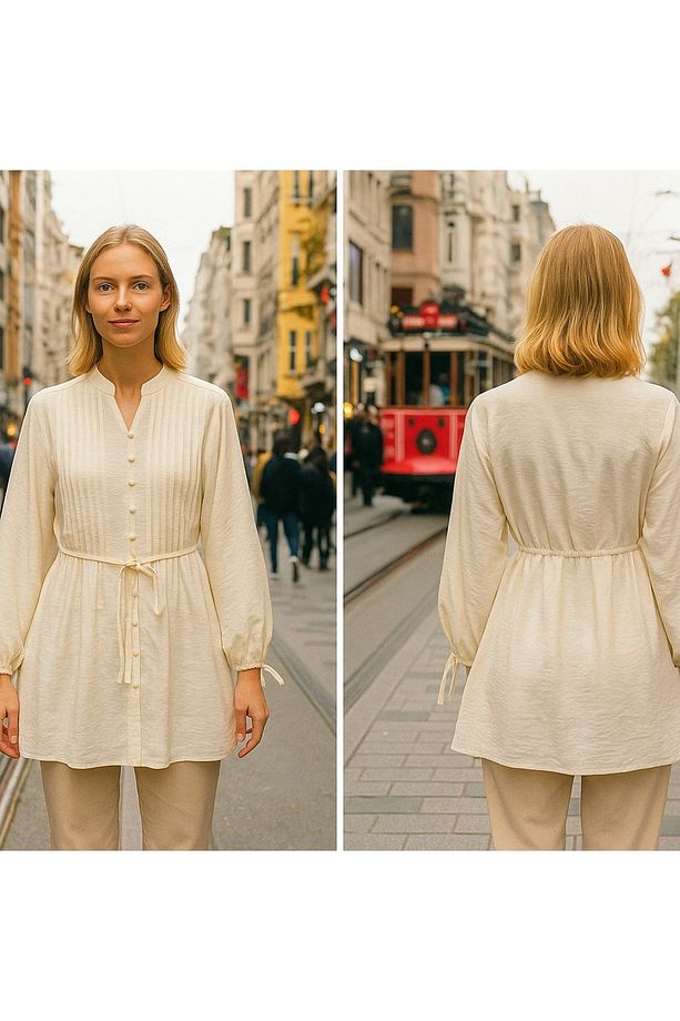 Düğme Detaylı Modal Kumaş Beli Bağcıklı Tunik - 1