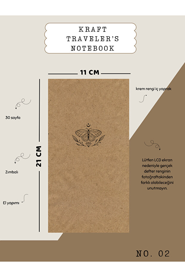Kraft Traveler's Notebook No:2 - Kelebek - Zımbalı Krem Yaprak Defter - 1