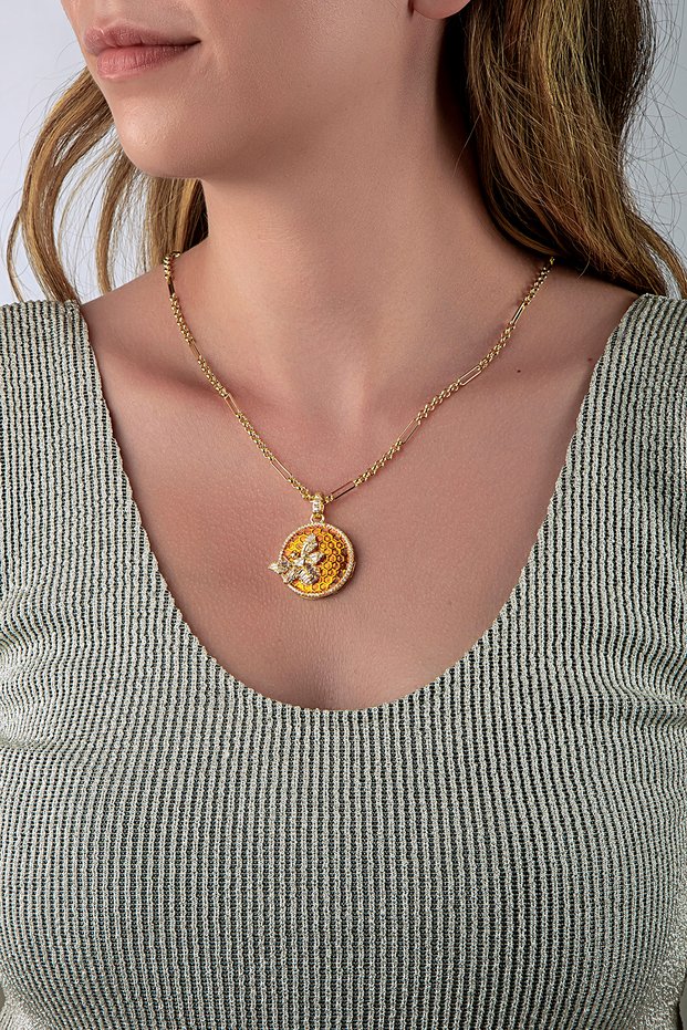 Design Chain Orange Round Honeycomb & Bee Motif White Stone Gold Necklace