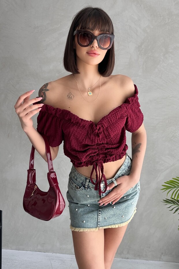 Madonna Collar Front Gathered Seersucker Fabric Short Sleeve Crop Blouse