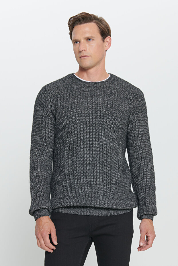Men's Anthracite-Melange Standard Fit Regular Cut Crew Neck Cotton Knitwear Sweater
