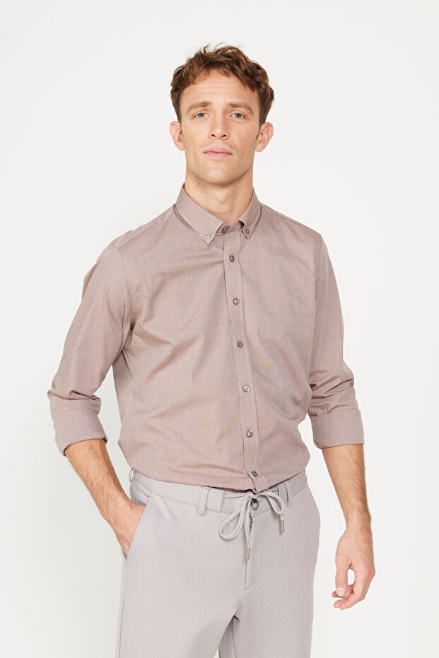 Men's Brown Slim Fit Slim Fit Buttoned Collar Patterned Shirt