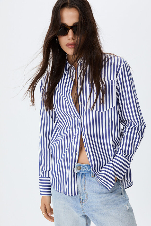 Çizgili poplin kumaşlı, cepli basic gömlek - 3