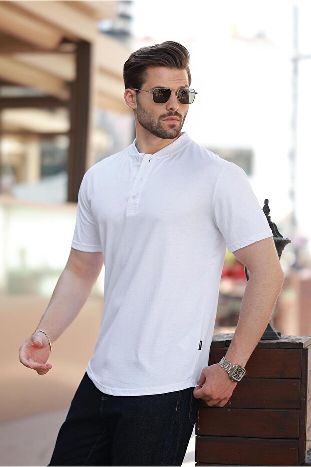 White Judge Collar Button Detailed Short Sleeve T-Shirt 7021