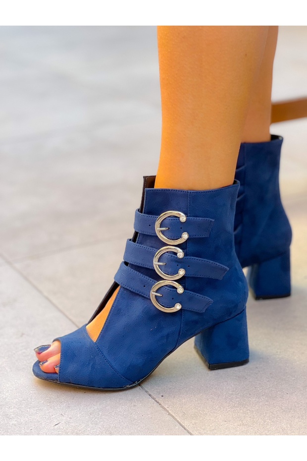 Ellas Dark Blue Suede Suet Buckle 5 cm Heel Sandals Summer Boots