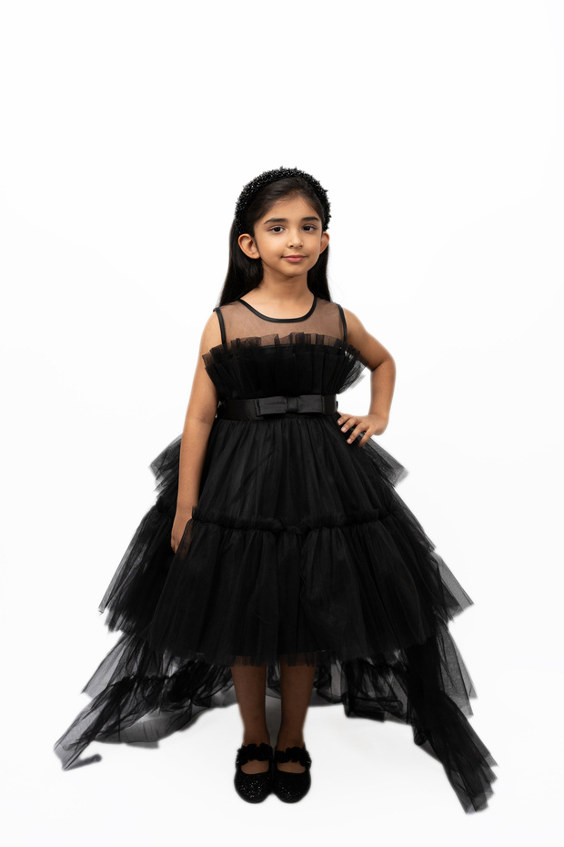 Toddler Girls Bow Front Ruffle Hem Mesh Gown Dress White with long tail