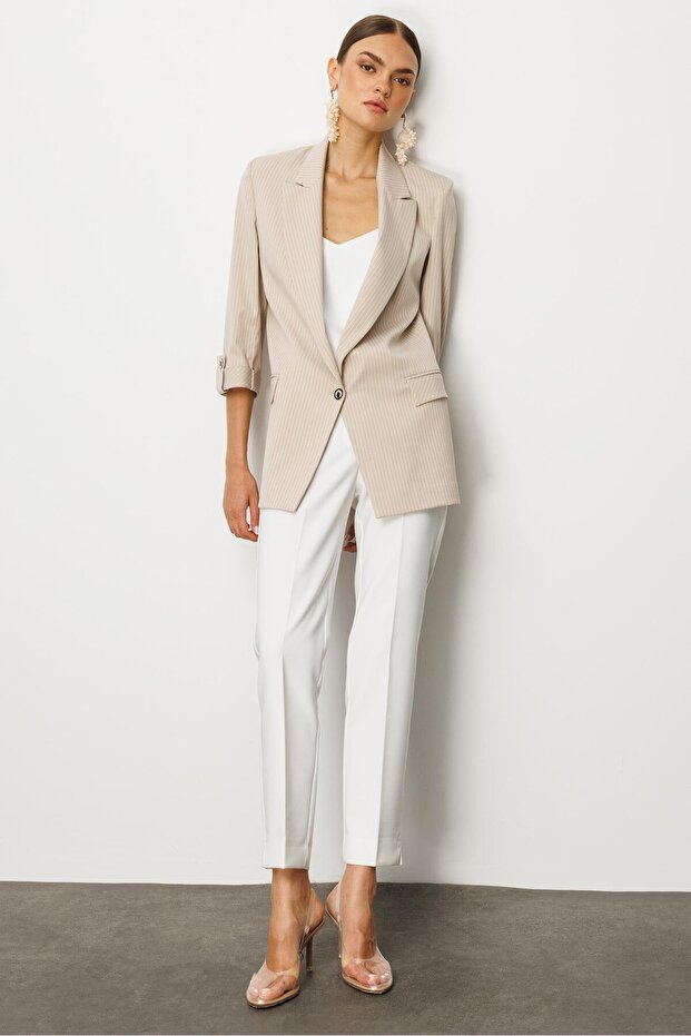 Modailgi Oversize Tek Düğme Kapama Truvakar Kol Çizgili Yarım Astarlı Ceket Taş - 6