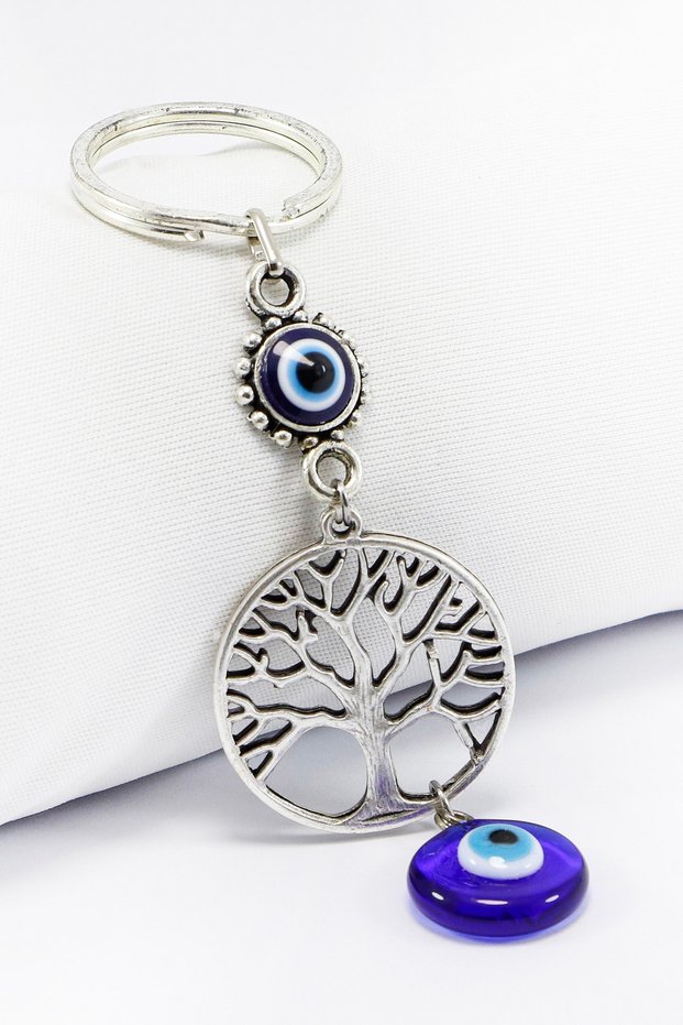 Handmade Glass Evil Eye Beaded Metal Tree of Life Keychain, Gift Evil Eye Bag Ornament