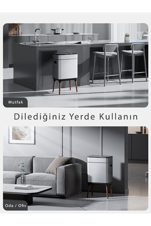 Çift Hazneli Sensörlü Paslanmaz Çelik Şarjlı Ayaklı Çöp Kovası 26L - 6