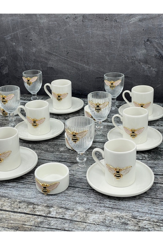 6 Kişilik Porselen Arı Fincan Takımı Seti ve 6 Adet Porselen Arı Lokumluk ve 6 Adet Cam Bardak - 2