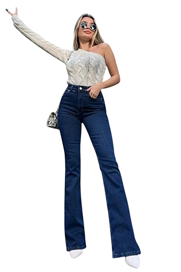 Tecsnia Spanish Leg Colorfast Dark Blue Stretchy High Waist Denim Pants