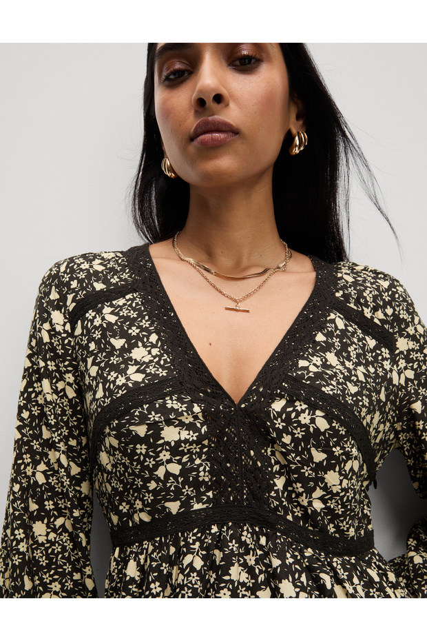 Baskılı Dantel Detaylı Mini Elbise - 4