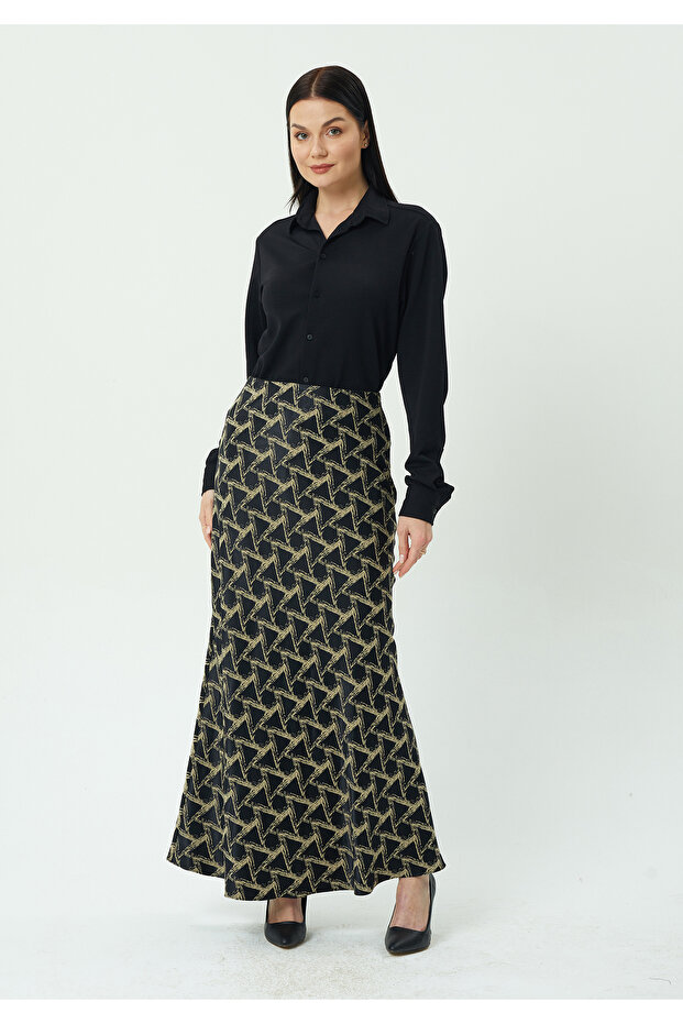 Premium Maxi (100cm) Length Satin Jacquard Geometric Patterned Elasticated Skirt