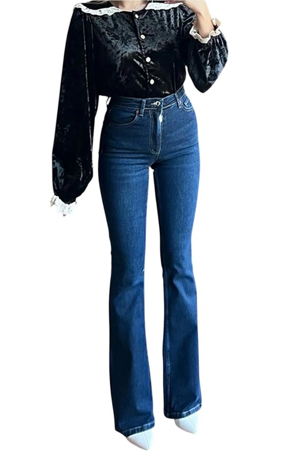 Norhse Women's High Waist Dark Blue Denim Flare Jeans