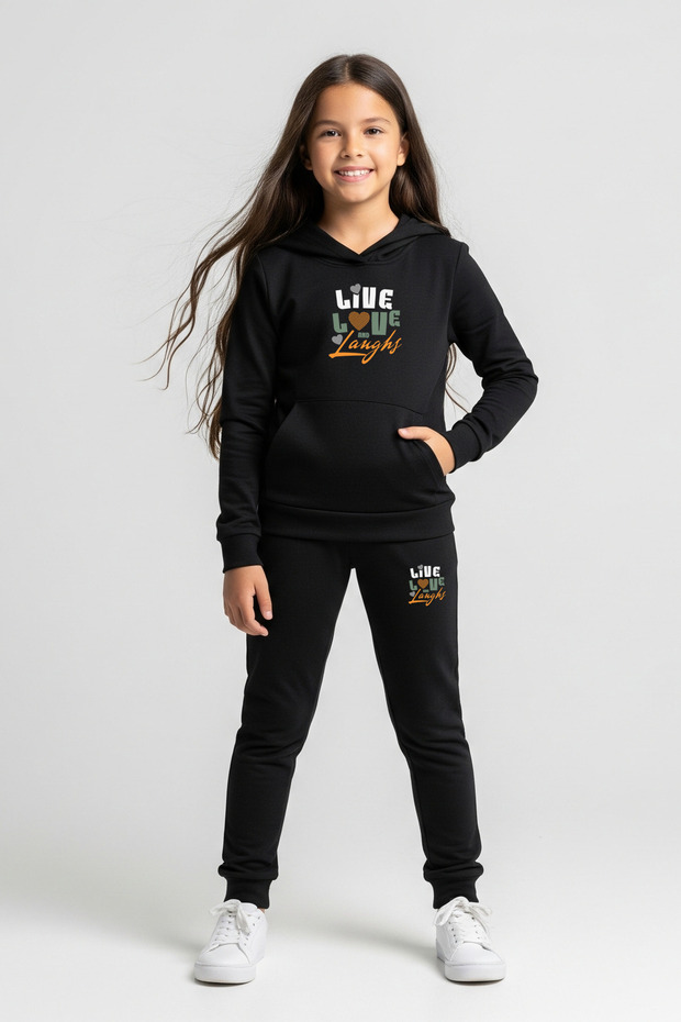 Live Printed Girl's Tracksuit Set with Hooded Kangaroo Pocket